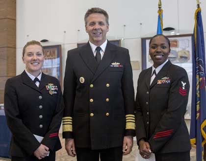 NORFOLK (March 10, 2017) Adm. Phil Davidson, commander of U.S. Fleet Forces Command, poses with the U.S. Fleet Forces Sea and Shore Sailors of the Year, Cryptologic Technician (Technical) 1st Class Courtney P. Evers, left, and Personnel Specialist 1st Class Aliscia S. Malone after the award announcement. Evers will travel to Washington, D.C to be meritoriously promoted to chief petty officer. Malone will advance to the final section process for the Chief of Naval Operations Shore Sailor of the Year. U.S. Navy photo by MC2 Stacy M. Atkins Ricks