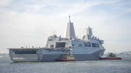 SAN DIEGO (Jan. 17, 2018) San Antonio-class amphibious transport dock USS Anchorage (LPD 23) departs Naval Base San Diego to conduct an Underway Recovery Test (URT) in conjunction with NASA off the coast of Southern California. URT-6 is part of a U.S. government interagency effort to safely practice and evaluate recovery processes, procedures, hardware and personnel in an open ocean environment that will be used to recover the Orion spacecraft upon its return to Earth. U.S. Navy photo by MC2 Jesse Monford