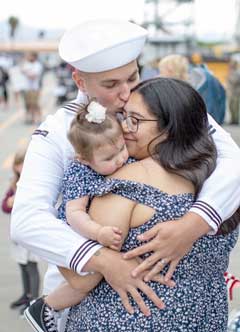 SAN DIEGO (June 08, 2023) – Sailors assigned to amphibious transport dock USS John P. Murtha (LPD 26) greet loved ones as the ship returns to Naval Base San Diego following a seven-month deployment to the Indo-Pacific region, June 8, 2023. The Makin Island Amphibious Ready Group, comprised of amphibious assault ship USS Makin Island (LHD 8) and amphibious transport docks USS Anchorage (LPD 23) and John P. Murtha, with the embarked 13th Marine Expeditionary Unit, participated in multiple training exercises with international partners while deployed in support of regional stability and a free and open Indo-Pacific. (U.S. Navy photo by Mass Communication Specialist 3rd Class Austyn Riley