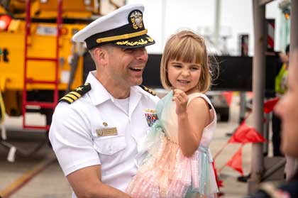 Cmdr. Kurt Albaugh, commanding officer of Arleigh Burke-class guided-missile destroyer USS Sterett (DDG 104), attached to the Carl Vinson Carrier Strike Group, addresses the media after the ship’s return to its homeport of San Diego following a nine-month deployment to the U.S. 5th and 7th Fleet areas of operations, Aug. 13, 2025. An integral part of the U.S. Pacific Fleet, U.S. 3rd Fleet leads naval forces in the Indo-Pacific and provides the realistic, relevant training necessary to execute the U.S. Navy's role across the full spectrum of military operations. U.S. 3rd Fleet works together with allies and partners to advance freedom of navigation and overflight, the rule of law and other principles that underpin security for the Indo-Pacific region. U.S. Navy photo by MC1 Brandon Roberson.